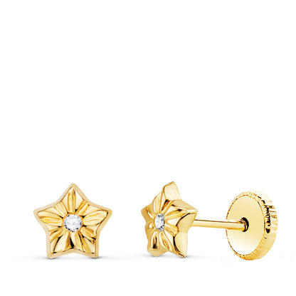 18K PENDIENTES ORO AMARILLO ESTRELLAS CON CIRCONITA 5 X 5 MM CIERRE TUERCA