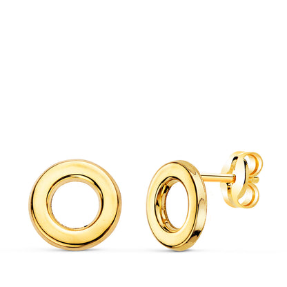 18K PENDIENTES ORO AMARILLO CIRCULO EN BRILLO 9 MM. CIERRE PRESION