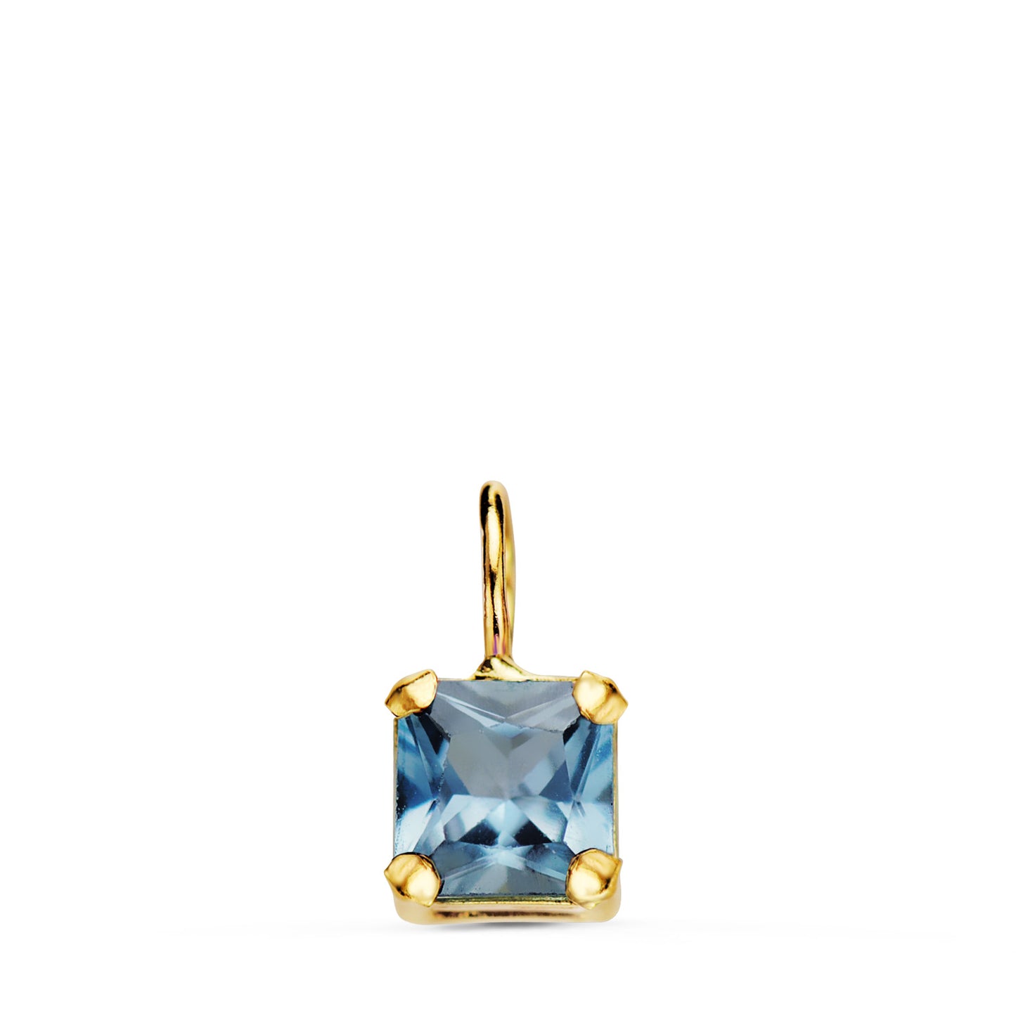 18K COLGANTE ORO AMARILLO CUADRADO CON GARRAS Y PIEDRA COLOR AGUAMARINA 5,5 X 5,5 MM.