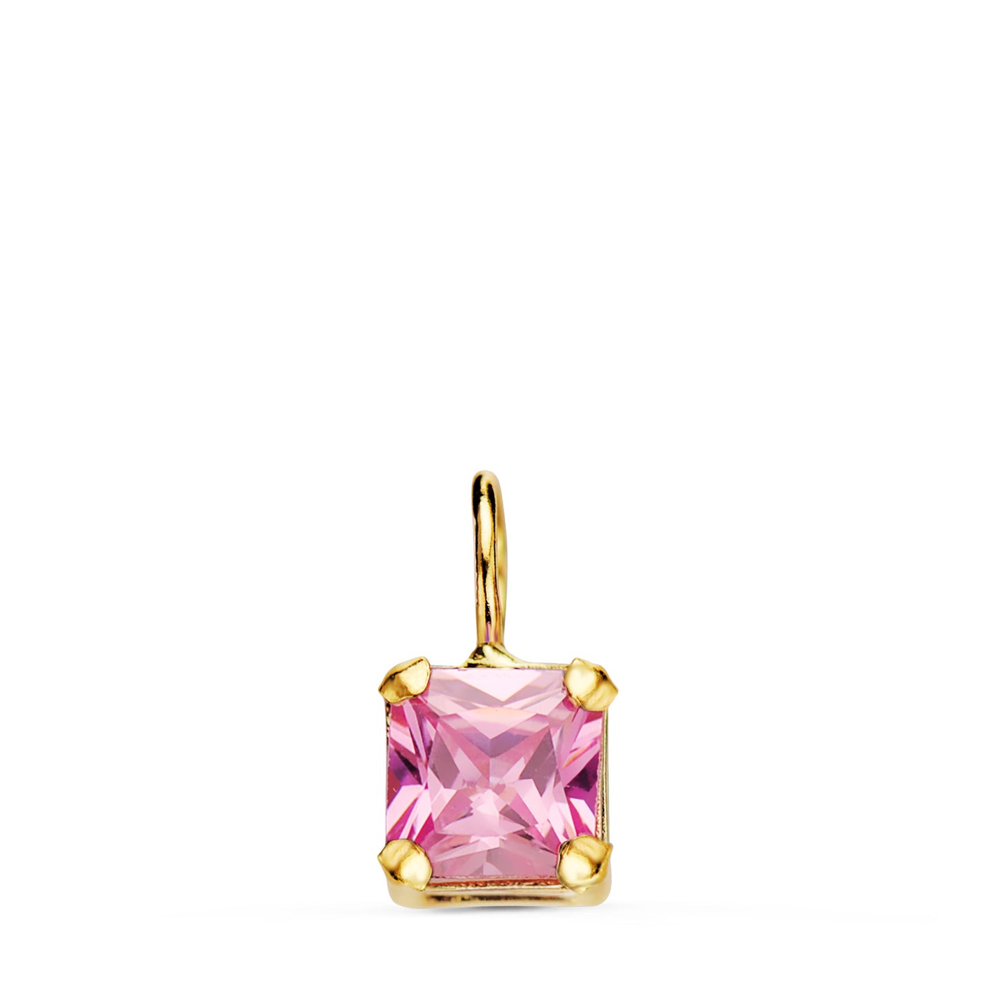 18K COLGANTE ORO AMARILLO CUADRADO CON GARRAS Y PIEDRA ROSA 5,5 X 5,5 MM.
