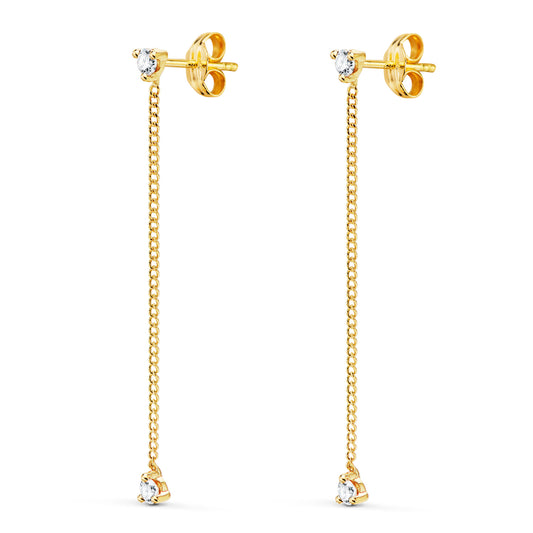 18K PENDIENTES ORO AMARILLO LARGOS CON CADENA Y CIRCONITA 42 MM. CIERRE PRESION