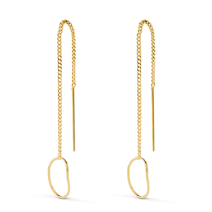 18K PENDIENTES ORO AMARILLO LARGOS CON CADENA Y MOTIVO OVAL. LARGO 76 MM