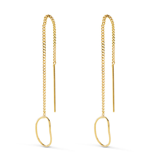 18K PENDIENTES ORO AMARILLO LARGOS CON CADENA Y MOTIVO OVAL. LARGO 76 MM