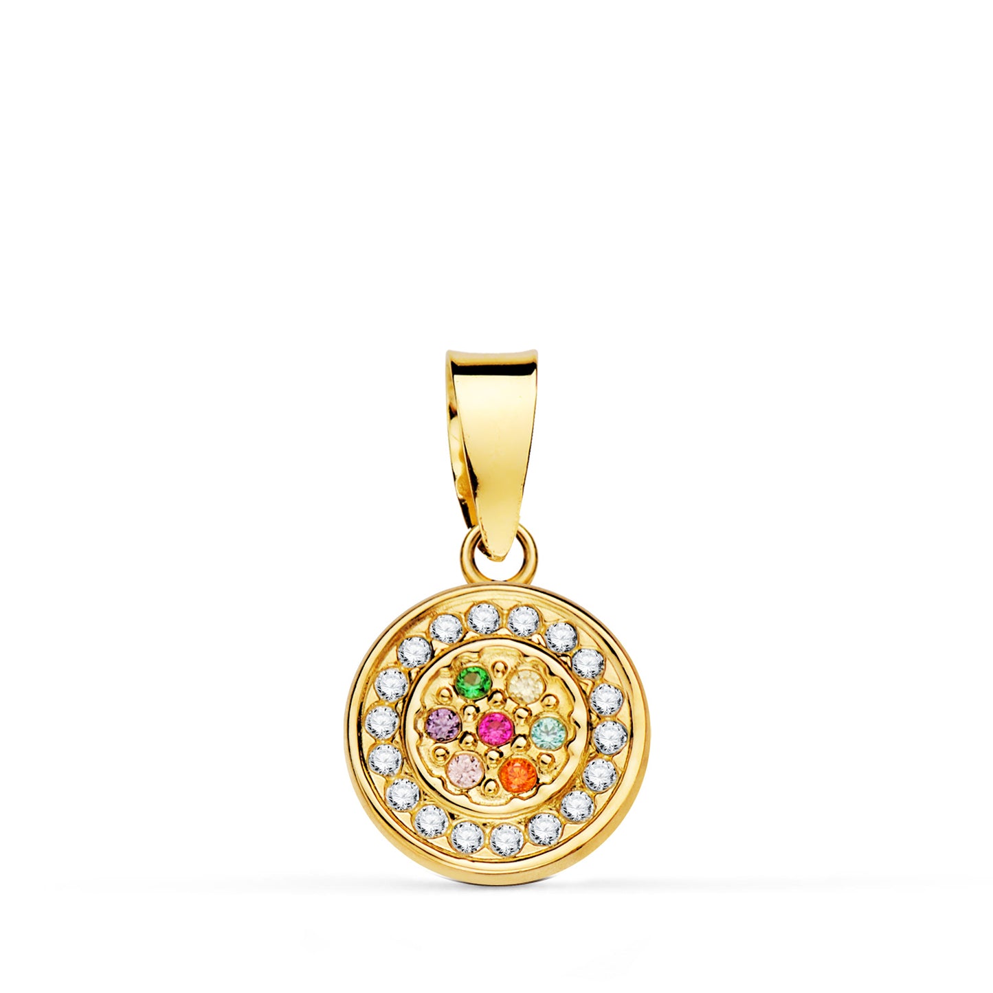 18K COLGANTE ORO AMARILLO CON CIRCONITA BLANCAS Y MULTICOLOR. DIAMETRO: 9MM