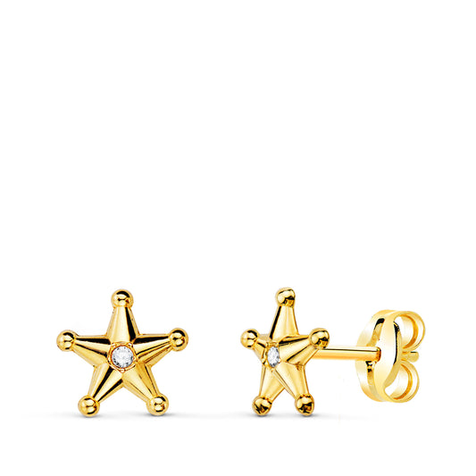 18K PENDIENTES ORO AMARILLO ESTRELLA SHERIFF CON BOLITAS Y CIRCONITAS. 7X7 MM CIERRE PRESION