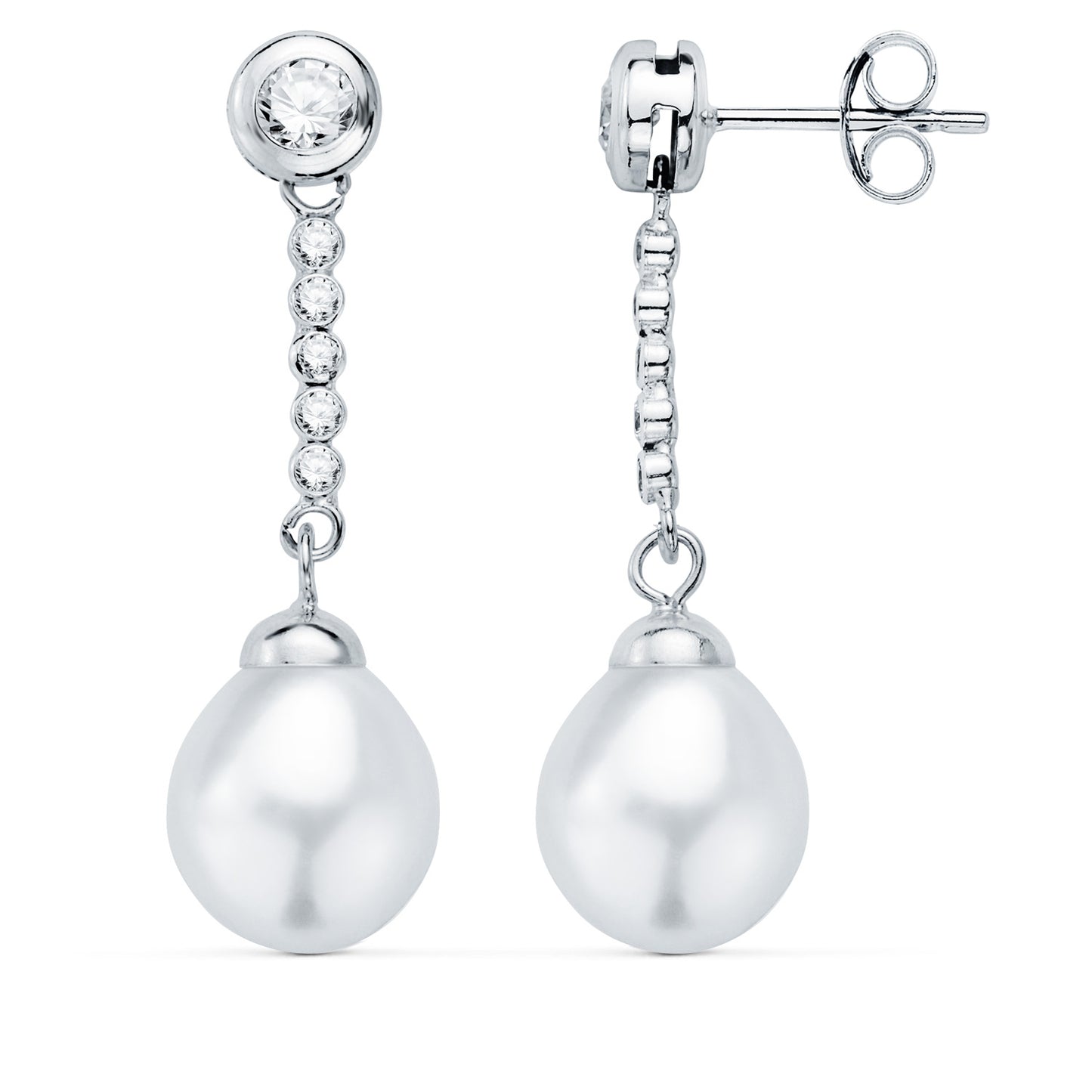 18K PENDIENTES ORO BLANCO PERLA Y CHATON CON CIRCONITA 30X8MM PRESION