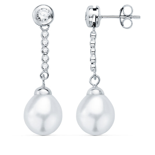 18K PENDIENTES ORO BLANCO PERLA Y CHATON CON CIRCONITA 30X8MM PRESION