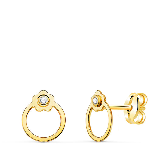 18K PENDIENTES ORO AMARILLO REDONDOS CON FLOR Y CIRCONITA. CIERRE PRESION 8 X 6 MM