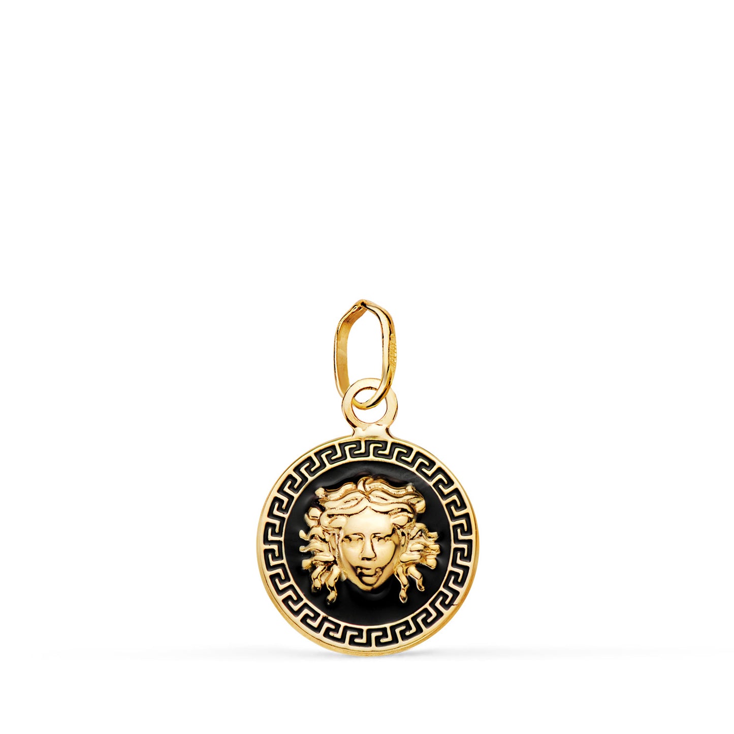 18K MEDALLA ORO AMARILLO MEDUSA GRECA CON ESMALTE NEGRO. 12 MM