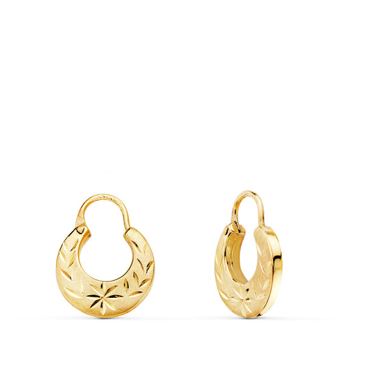 18K PENDIENTES AROS CRIOLLA ORO AMARILLO HUECOS TALLADOS. ANCHO: 11MM. GROSOR: 2MM
