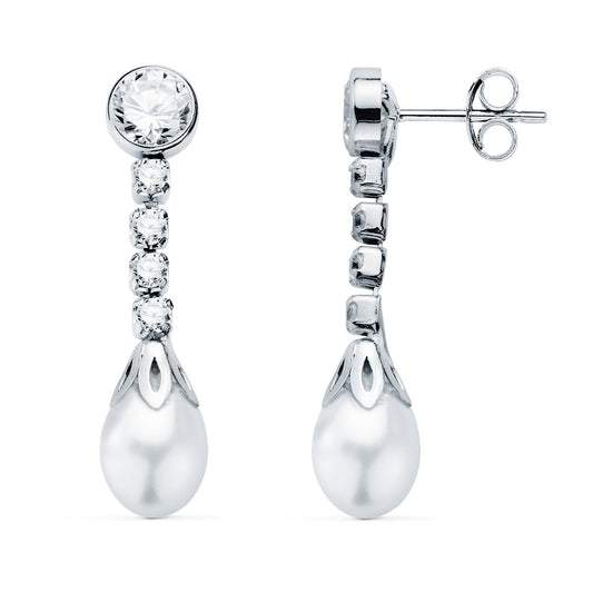 18K PENDIENTES ORO BLANCO PERLA Y CHATON CON CIRCONITA 27 X 6.5MM. CIERRE PRESION