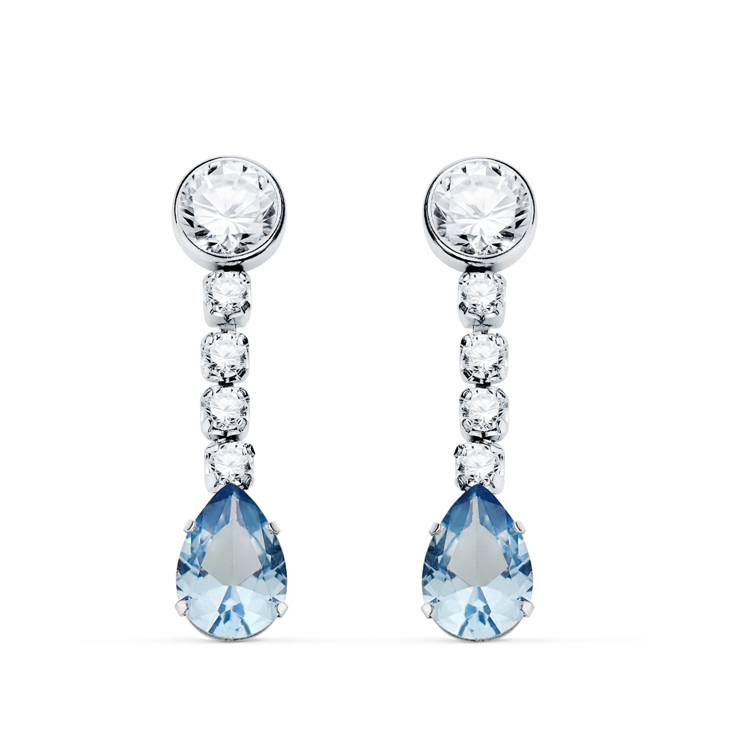 18K PENDIENTES ORO BLANCO AGUA MARINA EN FORMA DE GOTA Y CIRCONITAS. 22X5 MM. CIERRE PRESION