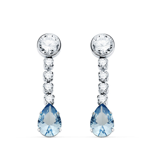 18K PENDIENTES ORO BLANCO AGUA MARINA EN FORMA DE GOTA Y CIRCONITAS. 22X5 MM. CIERRE PRESION