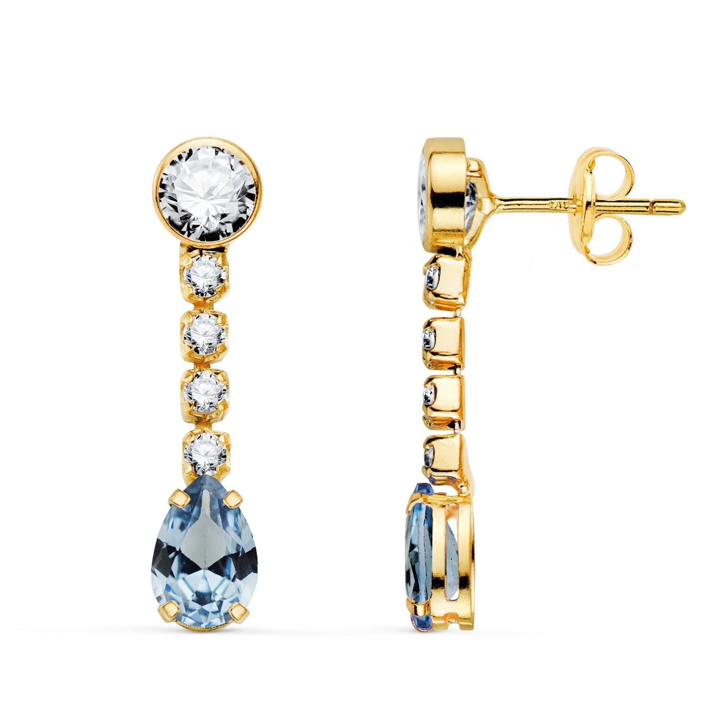 18K PENDIENTES ORO AMARILLO AGUAMARINA EN FORMA DE GOTA Y CIRCONITAS. 22X5 MM. CIERRE PRESION