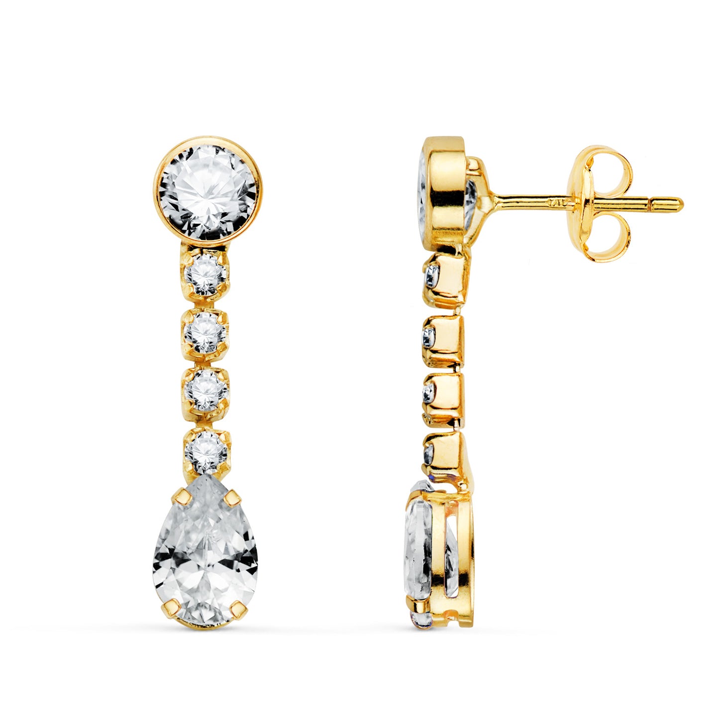 18K PENDIENTES ORO AMARILLO CIRCONITA EN FORMA DE GOTA Y CIRCONITAS. 22X5 MM.CIERRE PRESION