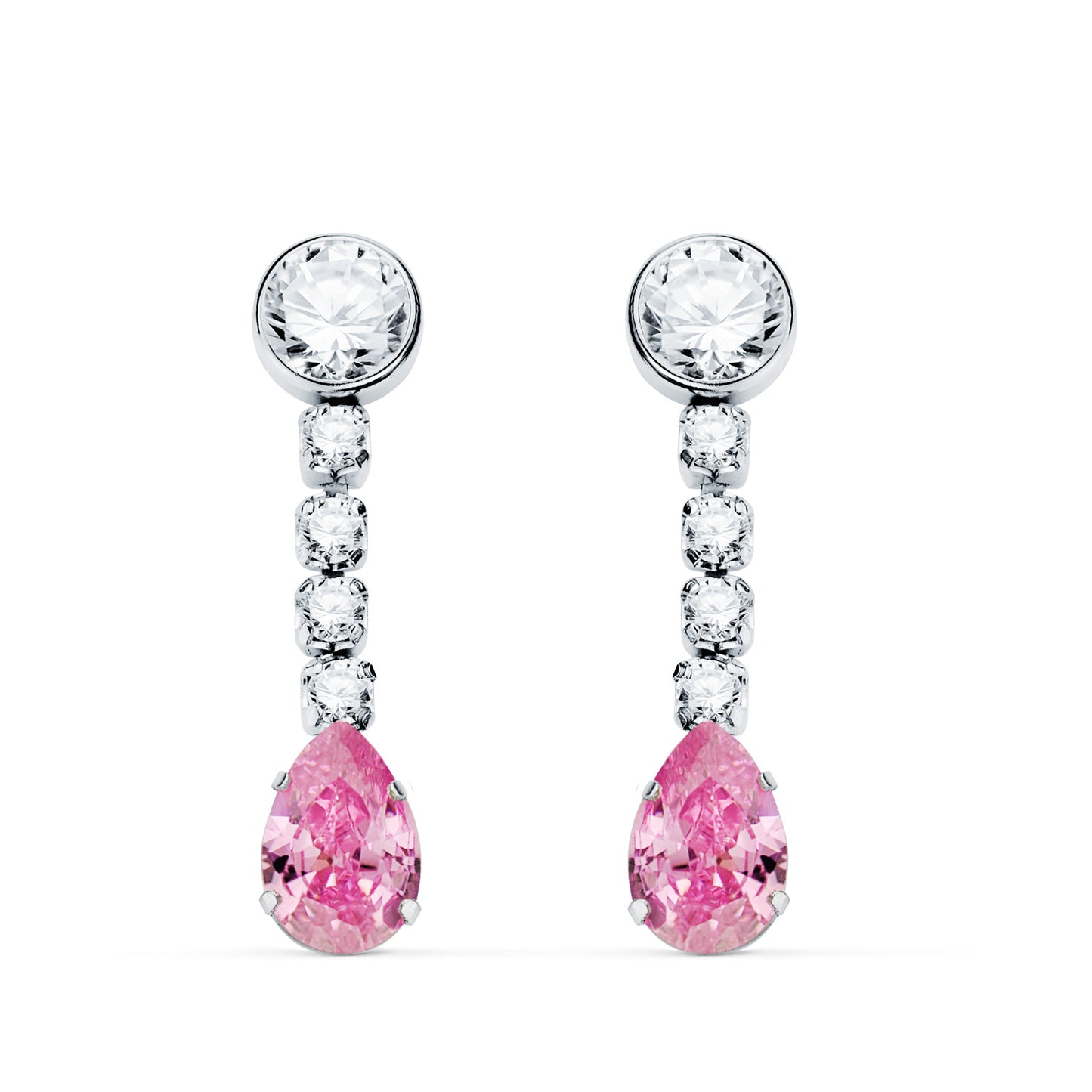 18K PENDIENTES ORO BLANCO PIEDRA ROSA GOTA Y CIRCONTIAS. 22X5 MM. CIERRE PRESION