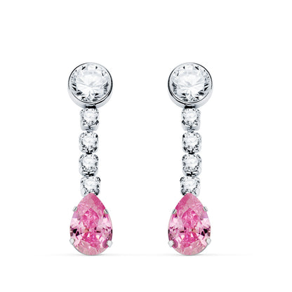 18K PENDIENTES ORO BLANCO PIEDRA ROSA GOTA Y CIRCONTIAS. 22X5 MM. CIERRE PRESION