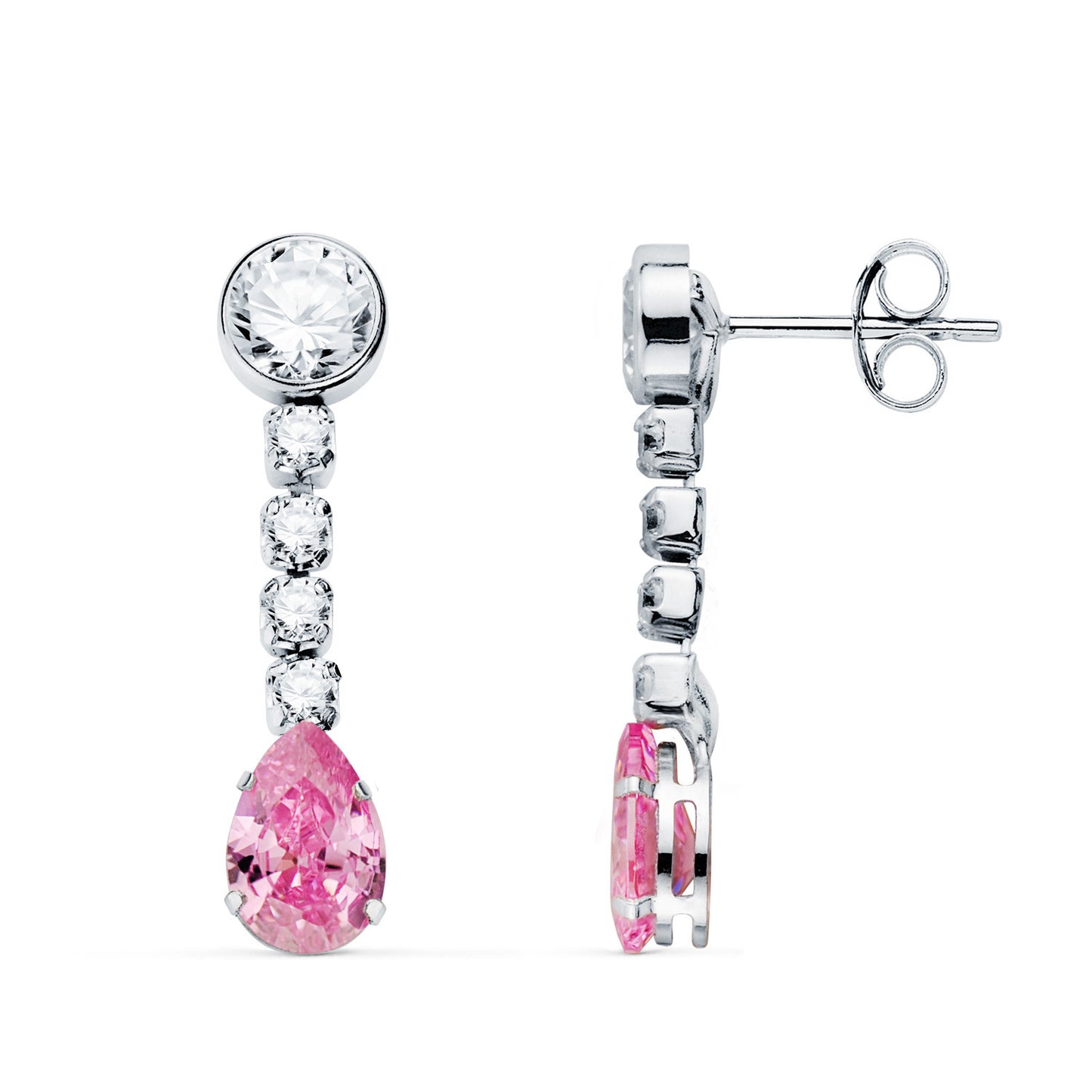 18K PENDIENTES ORO BLANCO PIEDRA ROSA GOTA Y CIRCONTIAS. 22X5 MM. CIERRE PRESION