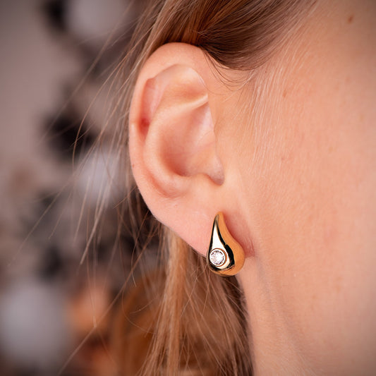 18K PENDIENTES ORO AMARILLO GOTA CON CIRCONITA BRILLO HUECA 16 X 9 MM. CIERRE PRESION