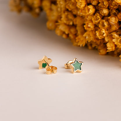 18K PENDIENTES ORO AMARILLO ESTRELLA CON MALAQUITA 7X7 MM. CIERRE PRESION