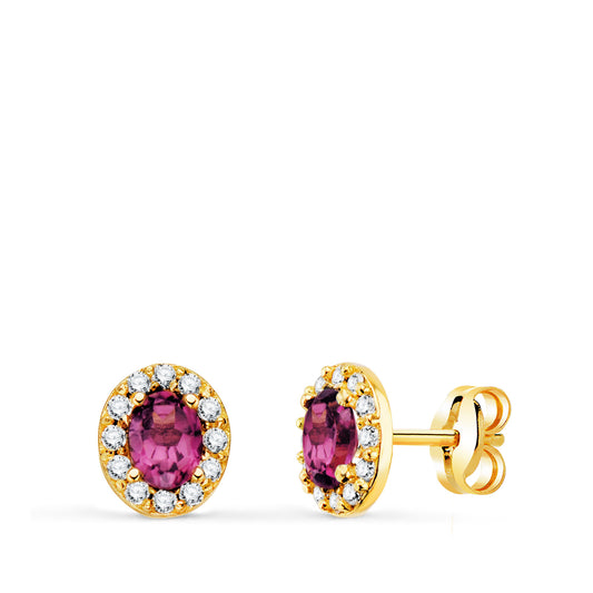 18K PENDIENTES ORO AMARILLO PIEDRA OVAL AMATISTA Y CIRCONITAS. 6,5 X 5,5 MM. CIERRE PRESION