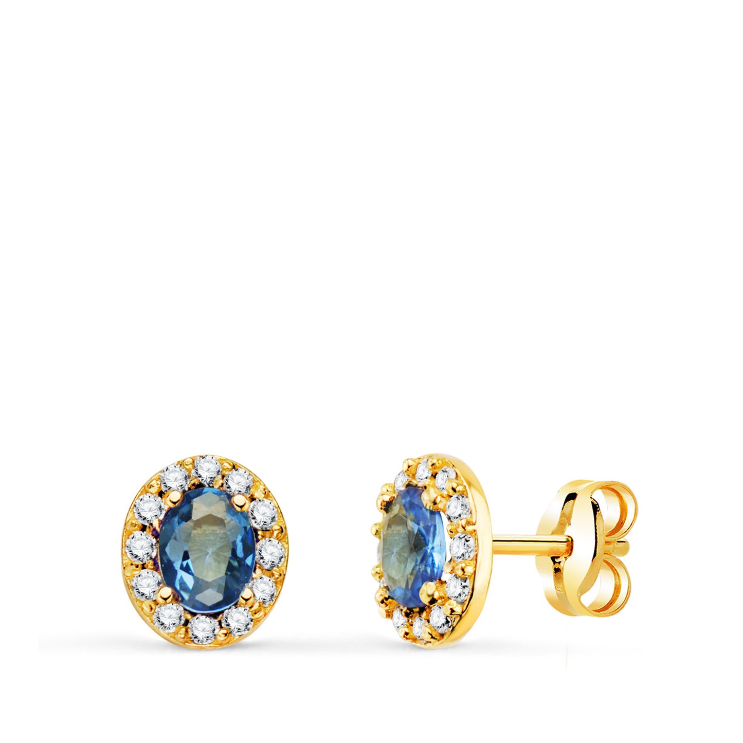 18K PENDIENTES ORO AMARILLO PIEDRA OVAL AZUL Y CIRCONITAS. 6,5 X 5,5 MM. CIERRE PRESION