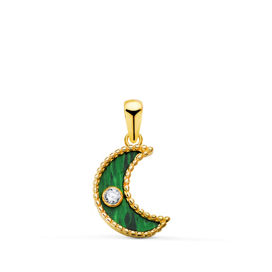 18K COLGANTE ORO AMULETO AMARILLO MEDIA LUNA CERCO BOLITAS Y MALAQUITA CON CIRCONITA 12,5X9,5 MM.