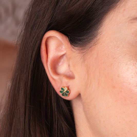 18K PENDIENTES ORO AMARILLO FLOR CON PETALOS DE MALAQUITA Y CIRCONITA 8,5 X 8,5 MM. CIERRE PRESION