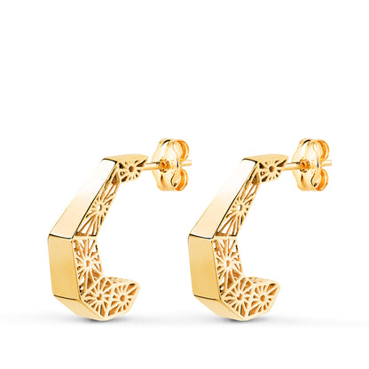 18K PENDIENTES ORO AMARILLO AROS HUECOS DISEÑO CALADO. MEDIDA: 14 X 3,5 MM. CIERRE PRESION