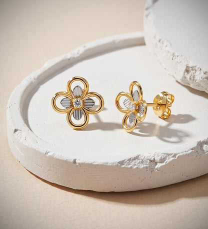 18K PENDIENTES ORO BICOLOR CUATREBOL CON CIRCONITAS. MEDIDA: 8X8 MM. CIERR PRESION