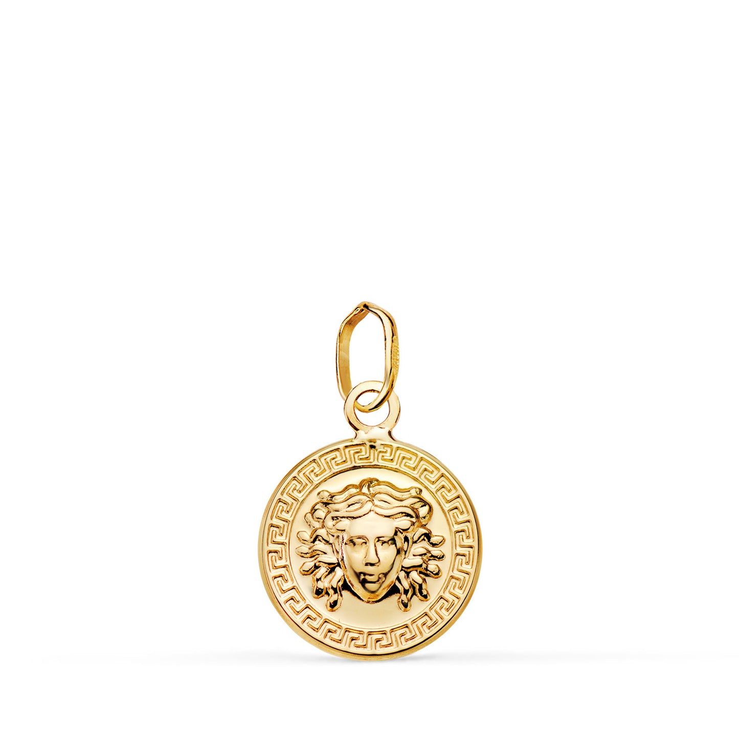 18K MEDALLA ORO AMARILLO MEDUSA GRECA EN BRILLO. MEDIDA: 12 MM
