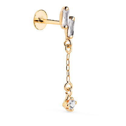 18K PIERCING DE OREJA ORO AMARILLO CON 2 CIRCONITAS BAGUETTE Y CADENA. GRUESO BARRA 1.20 MM. MEDIDA: 24 X 4 MM. CIERRE TUERCA