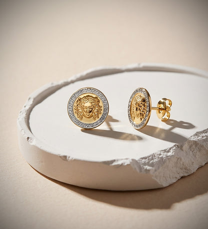 18K PENDIENTES ORO BICOLOR MEDUSA Y BORDE DE GRECA 10 MM CIERRE PRESION