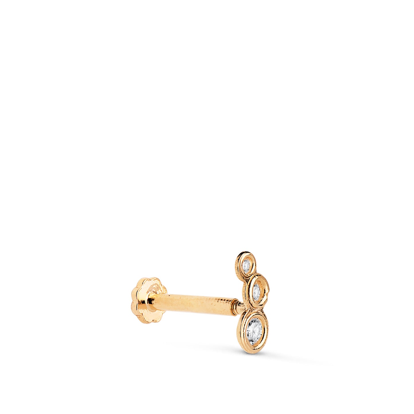 18K PIERCING DE OREJA ORO AMARILLO CON 3 CIRCONITAS 6,5X3 MM. GRUESO BARRA 1.20 MM. CIERRE TUERCA