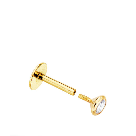 18K PIERCING LABIO ORO AMARILLO CIRCONITA BOCEL 3 MM GRUESO BARRA 1.20 MM LONGITUD 7 MM TOTAL PIERCING 9 MM CIERRE TUERCA