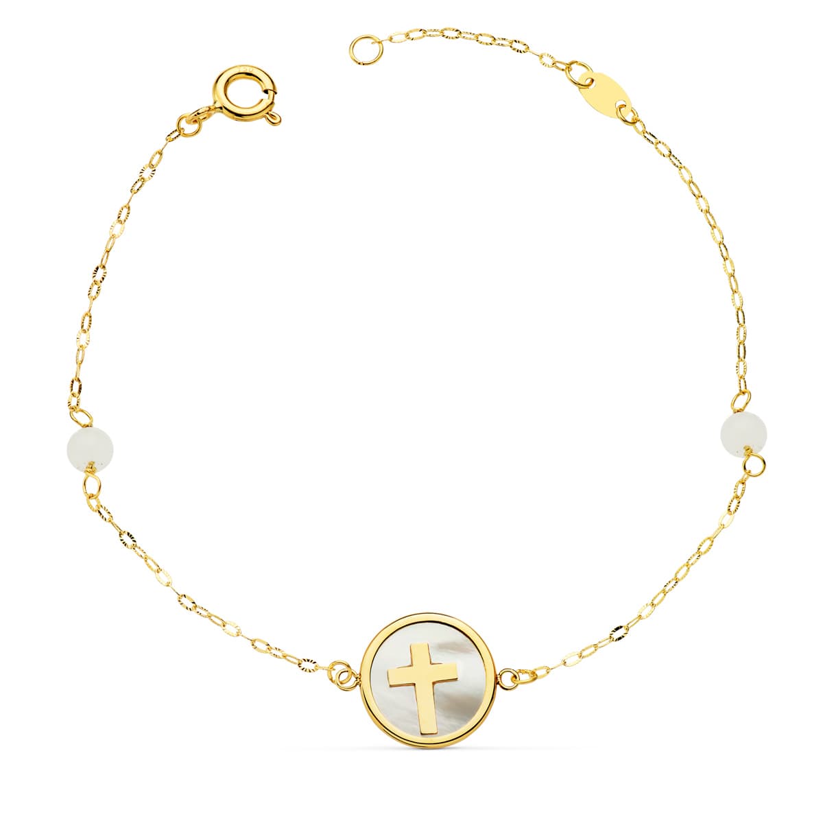 18K PULSERA ORO AMARILLO NACAR CON CRUZ 12 MM Y BOLAS JADE 4 MM CADENA 18 2.5 CM