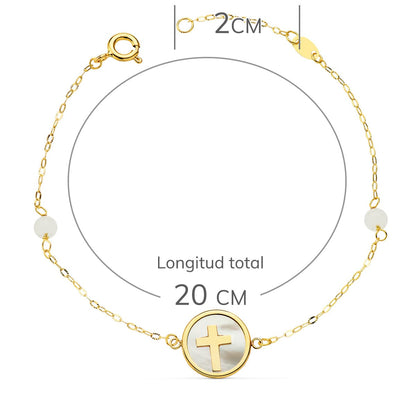 18K PULSERA ORO AMARILLO NACAR CON CRUZ 12 MM Y BOLAS JADE 4 MM CADENA 18 2.5 CM