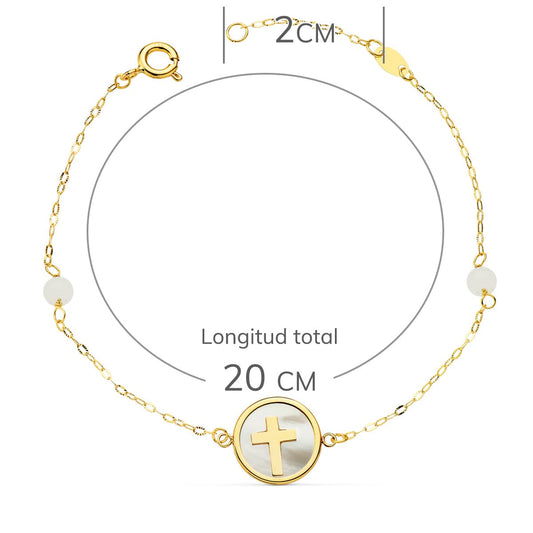 18K PULSERA ORO AMARILLO NACAR CON CRUZ 12 MM Y BOLAS JADE 4 MM CADENA 18 2.5 CM