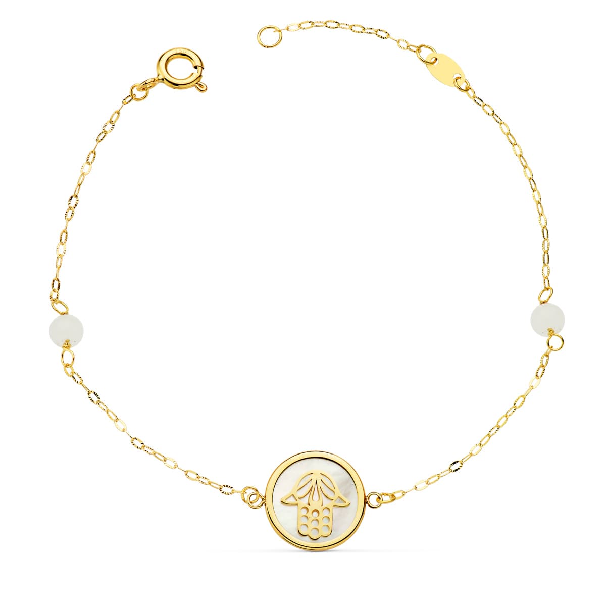 18K PULSERA ORO AMARILLO NACAR CON MANO DE FATIMA 12 MM Y BOLAS JADE 4 MM CADENA 18 2.5 CM