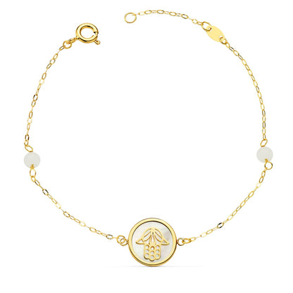 18K PULSERA ORO AMARILLO NACAR CON MANO DE FATIMA 12 MM Y BOLAS JADE 4 MM CADENA 18 2.5 CM