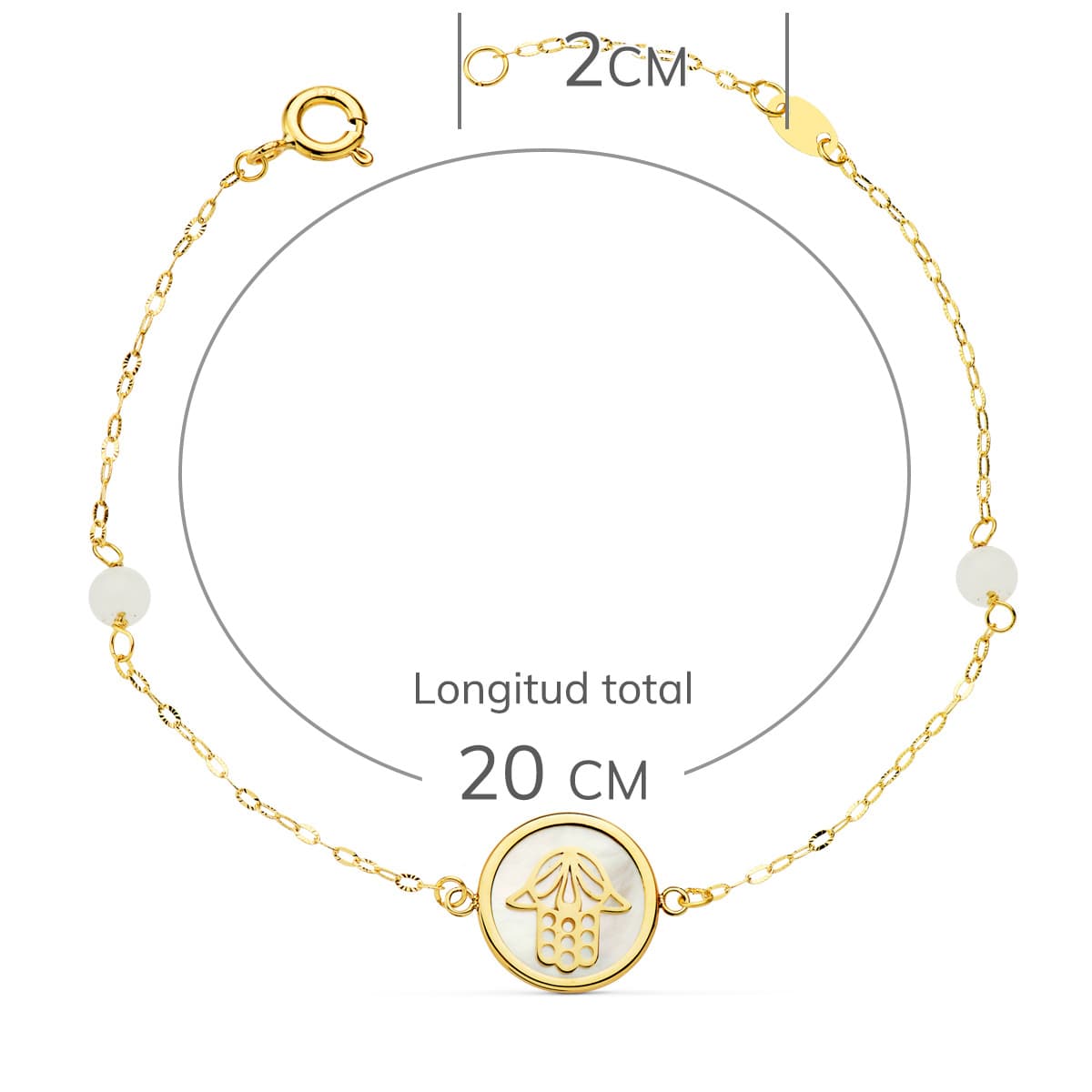 18K PULSERA ORO AMARILLO NACAR CON MANO DE FATIMA 12 MM Y BOLAS JADE 4 MM CADENA 18 2.5 CM