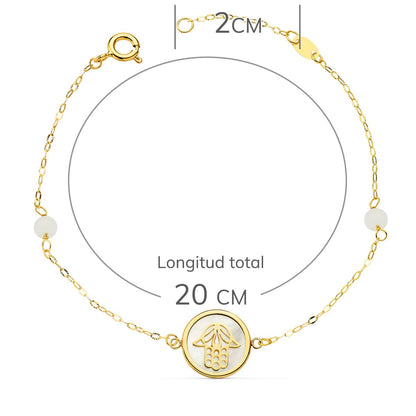 18K PULSERA ORO AMARILLO NACAR CON MANO DE FATIMA 12 MM Y BOLAS JADE 4 MM CADENA 18 2.5 CM