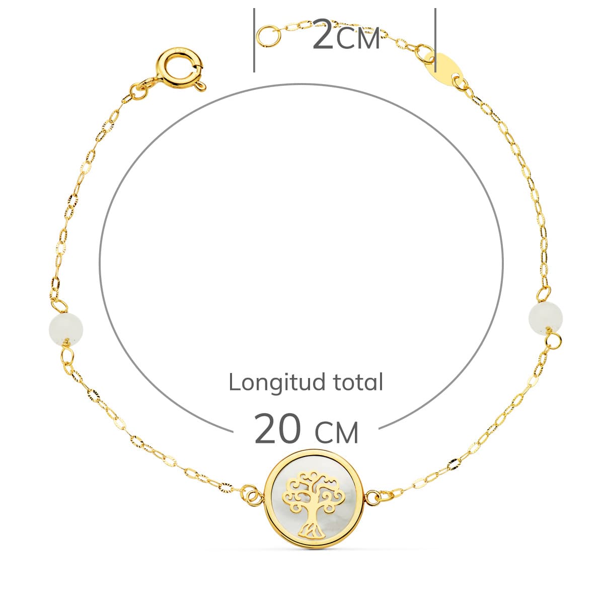 18K PULSERA ORO AMARILLO NACAR CON AMULETO ARBOL DE LA VIDA 12 MM Y BOLAS JADE 4 MM CADENA 18 2.5 CM