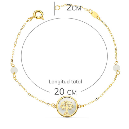 18K PULSERA ORO AMARILLO NACAR CON AMULETO ARBOL DE LA VIDA 12 MM Y BOLAS JADE 4 MM CADENA 18 2.5 CM