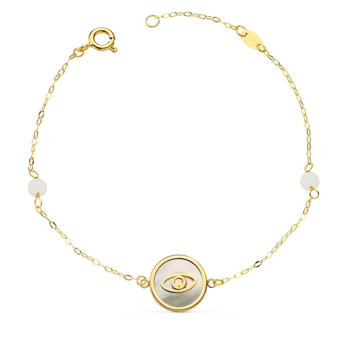18K PULSERA ORO AMARILLO NACAR CON AMULETO OJO TURCO 12 MM Y BOLAS JADE 4 MM CADENA 18 2.5 CM