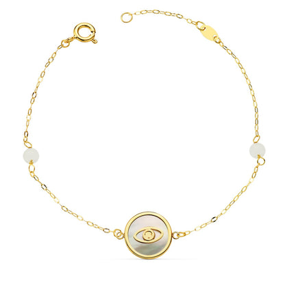 18K PULSERA ORO AMARILLO NACAR CON AMULETO OJO TURCO 12 MM Y BOLAS JADE 4 MM CADENA 18 2.5 CM