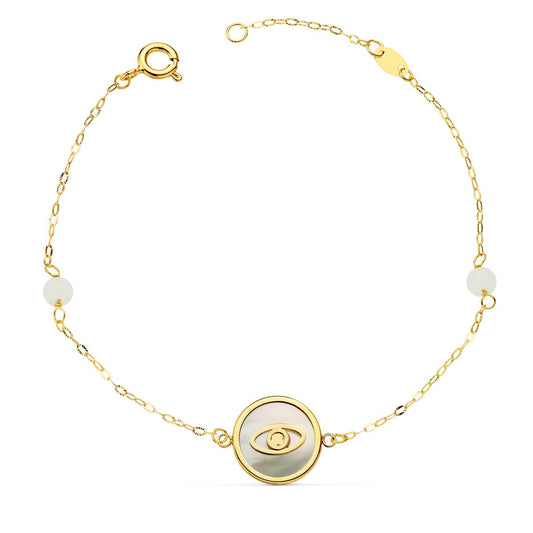 18K PULSERA ORO AMARILLO NACAR CON AMULETO OJO TURCO 12 MM Y BOLAS JADE 4 MM CADENA 18 2.5 CM