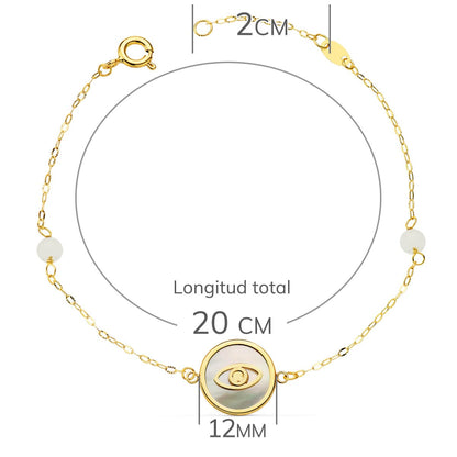 18K PULSERA ORO AMARILLO NACAR CON AMULETO OJO TURCO 12 MM Y BOLAS JADE 4 MM CADENA 18 2.5 CM
