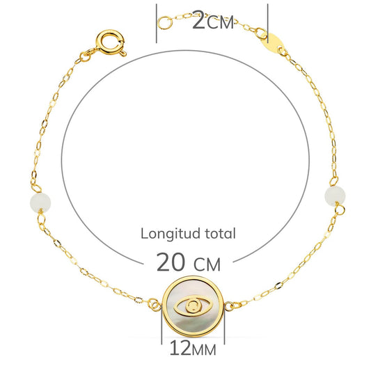 18K PULSERA ORO AMARILLO NACAR CON AMULETO OJO TURCO 12 MM Y BOLAS JADE 4 MM CADENA 18 2.5 CM