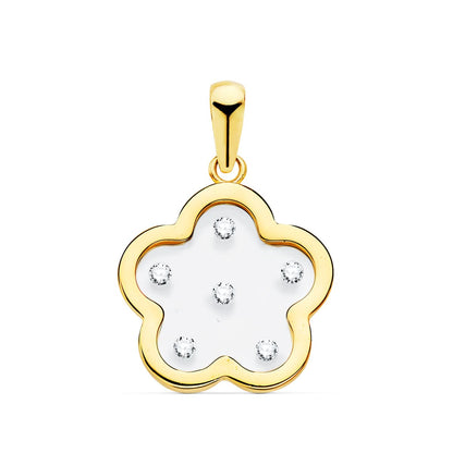 18K COLGANTE AMULETO ORO AMARILLO FLOR AIRSHINE TRANSPARENTE CON CIRCONITA 14X14 MM